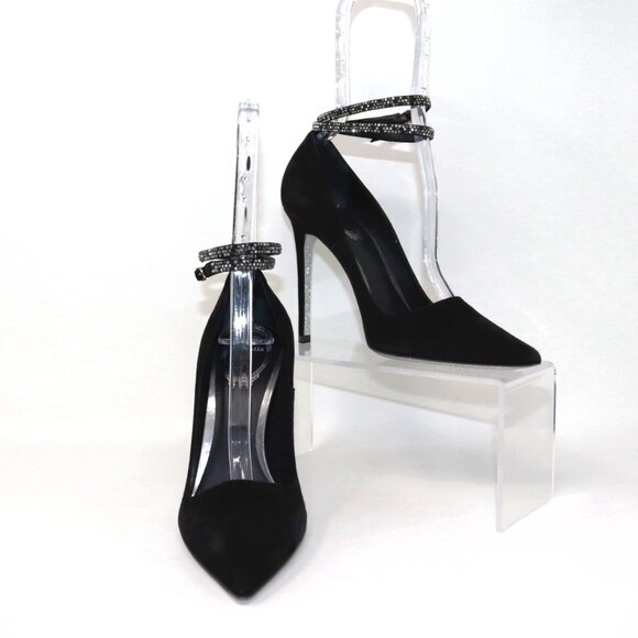 René Caovilla NEW 38 Black Suede Fabulosity Swarovski Crystal Ankle Wrap Heels - Picture 4 of 16